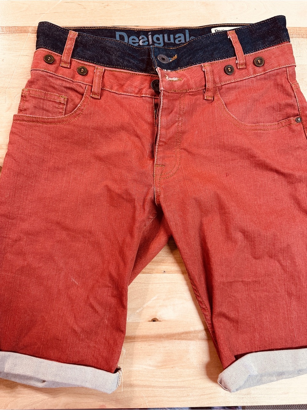 Desigual Men’s Denim Shorts Size 28 Rust Orange Double Waist Cuffed Jean Shorts